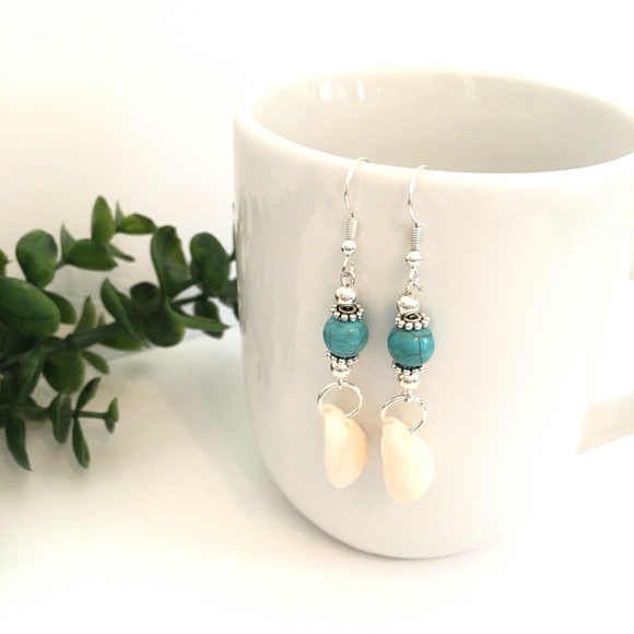 Turquoise Seashell Dangle Earrings - Picture 6 of 6